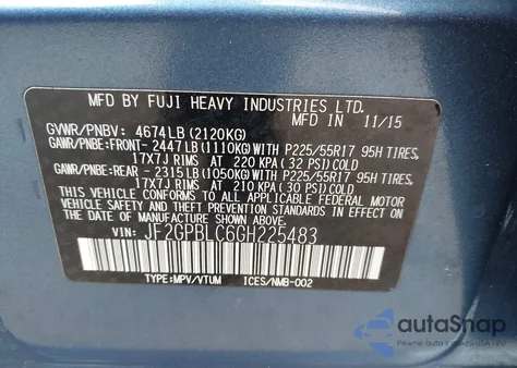 2016 Subaru Crosstrek Hybrid Touring z USA, uszkodzony, nr VIN JF2GPBLC6GH225483